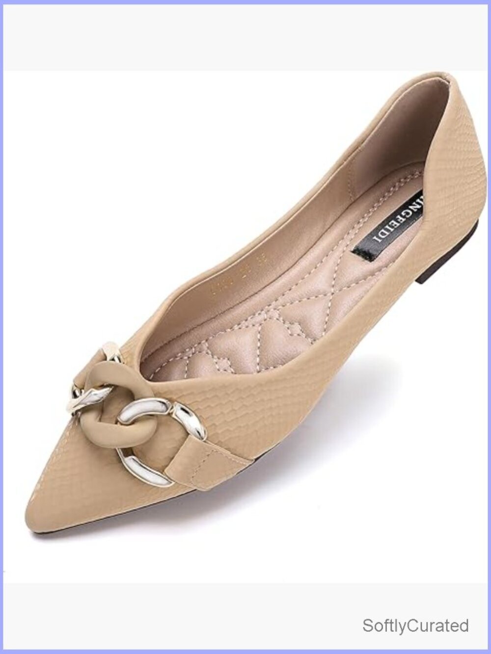 Pointed Toe Ballet Flats with Chain Detail, Synthetic Leather, Comfortable